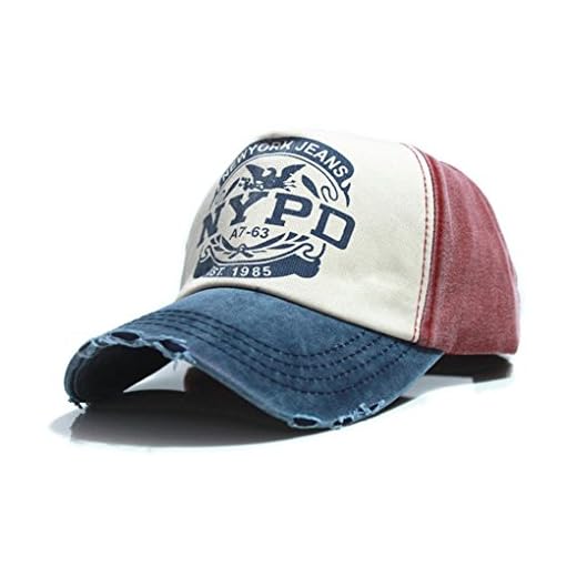 EROSPA® Basecap NYPD Baseball Cap mit ausgefranzter Optik - Männer Herren - Denim Vintage Style -Used wash Look - dunkelrot/Jeansblau/beige - (Einheitsgröße)