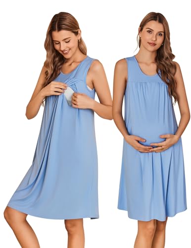 Image of Ekouaer Maternity Nursing Dress Nightgown Labor and Delivery Gown Sleeveless Pregnancy Breastfeeding Dresses
