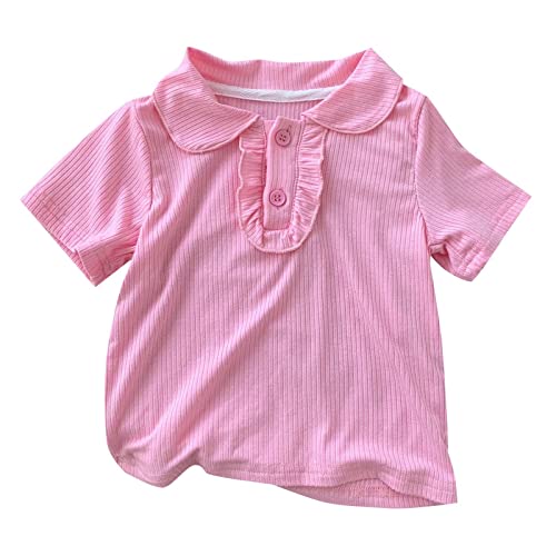 Girls Crop Top Dance Shirt Lapel Collar Ruffle Button Down Solid Summer Ribbed Clothes Kids Thin Comfy Stretchy Tees