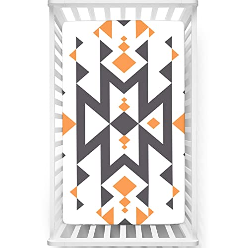 Aztec Themed Fitted Mini Crib Sheets,Portable Mini Crib Sheets Soft Toddler Mattress Sheet Fitted-Baby Sheet for Boys Girls, 24“ x38“,Orange Taupe