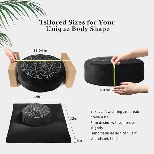 Zafu & Zabuton Meditation Cushion Set - Buckwheat Hull & Memory Foam Pillows, Ergonomic Support for Yoga, Mindfulness - Organic Velvet Cover, Large Size, Durable Comfort (Black) extra image 0 preview