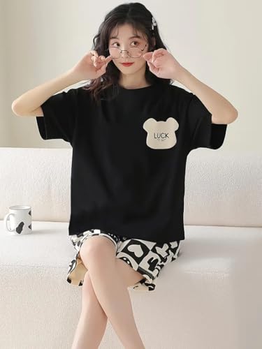 Image of Louis Luxe Cotton Blend Womens Korean Night Dress || Short Pyjama Set || Korean Nightsuit || Women Nightwear ||Round Neck Short Sleeve Nightsuit || Loungewear || Everyday Nightdress