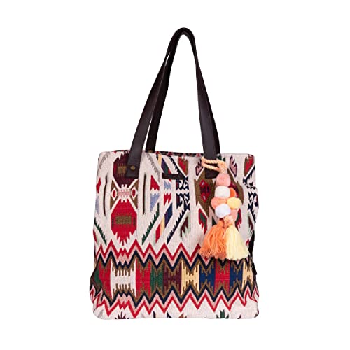 Image of maisha by Esha Stylish Cotton Jacquard Tote Bag for Women - Handcrafted Travel Handbag, Cabin & Overnight Bag | Spacious Multi-Purpose Bag with 3 Compartments