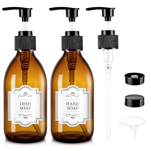 Homepicker 8 oz Amber Glass Pump Bottle 250ml Glass Soap Dispenser Bottle for Body Lotion Massage Oil Refillable Empty Hand and Dish Soap Dispensers Set with Labels - 2 Pack
