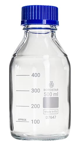 Borostar Laborflasche (Boro 3.3), GL45, mit Schraubkappe und Ausgießring PP, blau, 500 ml