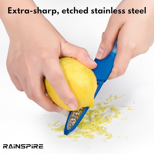 Image of Rainspire Lemon Zester Tool with Channel Knife, Stainless Steel Citrus Zester Tool, Lemon Peeler, Zesters for Kitchen, Ultra Sharp 2-in-1 Tool Easily Creates Citrus Zest, Dark Blue