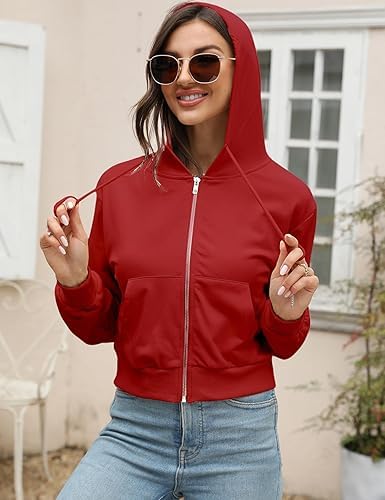 Image of Casual Wear Solid Crop Zipper Jacket Hooded Neck Full Sleeves with Kangaroo Pocket Hoodie for Women