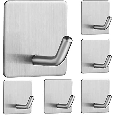 Stick on Hooks Door Coat Tea Towel Removable Damage Free Hanging Wall Hooks Adhesive Heavy Duty No Nail Kitchen Bathroom Hook SUS304 Stainless Steel Brushed Finish (6 Piece) Cover