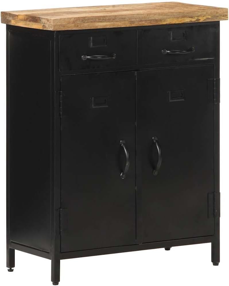 vidaXL Sideboard Black, Natural Rough Mango Wood, Steel and Iron Medium