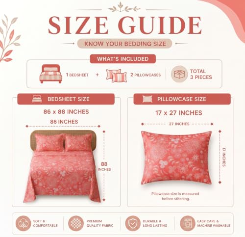 Image of HOMEKART Glace Cotton 160 TC Leaf Printed Double Bedsheet with 2 King Size Pillow Covers | Soft & Durable | 86 x 88Inches (Red)