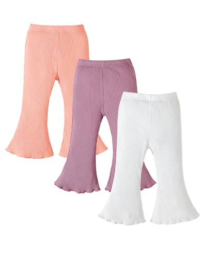 Image of Coaturi 3 Pack Baby Girl Pants: Infant Solid Ribbed Flare Pants Cotton Pull On Bottoms Leggings for Toddler 0-24 Months