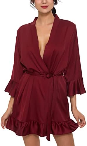 TOIKEEOI Women's Kimono Robe Short Satin Pure Short Silky Robes Sexy V Neck Sleepwear (Wine, One Size)