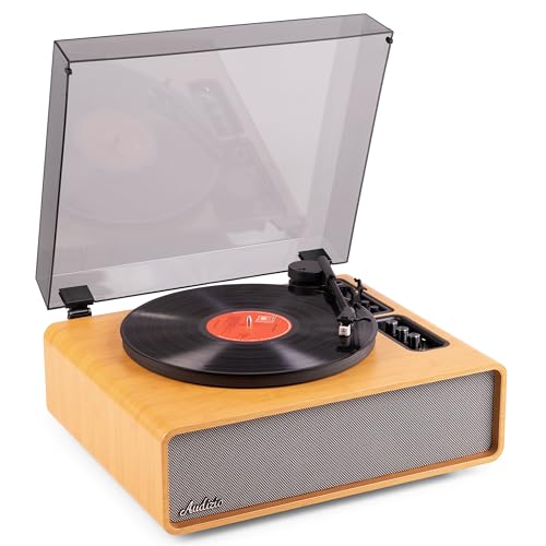 Audizio Laredo - Premium Plattenspieler mit Lautsprecher & Bluetooth, Vinyl Player mit 160 Watt, 33/45 RPM, Hi‑Fi Vorverstärker, Vollautomatik, Auto-Stopp – Schallplattenspieler mit Boxen - Hellholz