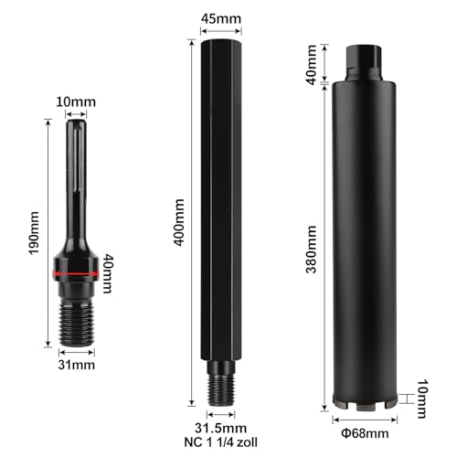 CPROSP 1¼ UNC Diamantbohrkrone 68mm mit Kernbohrer Verlängerung 400mm und SDS PLUS Adapter, Kernbohrkrone set, Bohrkrone, Kernbohrer für Bohren in in Beton, Stahlbeton, Mauerwerk und Stein