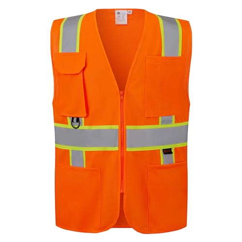 SV2400, ANSI/ISEA Class 2, Safety Tricot/Mesh Vest, Reflective w/Yellow binding, Zipper, Pockets, Neon Orange