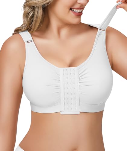 BRABIC Post Surgery Front Closure Bras for Women Full Coverage Compression Mastectomy Wireless Bra with Adjustable Straps, White, Medium