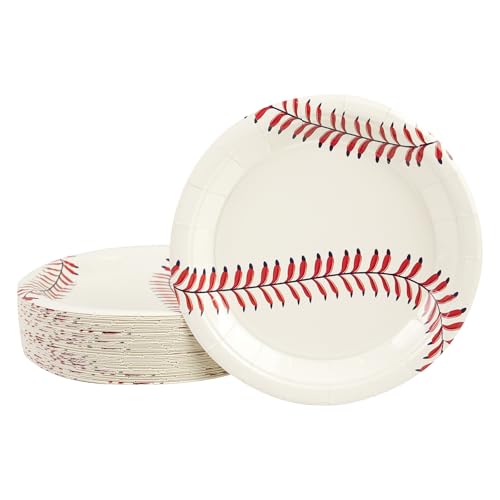 PUEVENYI 50PCS Baseball Party Paper Plates - 7Inch Round Baseball Dessert Plates for Cake Salad Fruit Pizza Disposable Themed Decoration Supplies for Fan Sports Event, Birthday Party