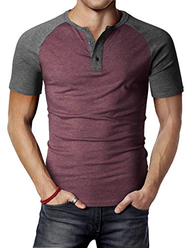 H2H Men Slim Fit Henley Raglan Short Sleeve Contrast Color Block Casual Baseball T-Shirt Burgundy US L/Asia XL (CMTTS0222)