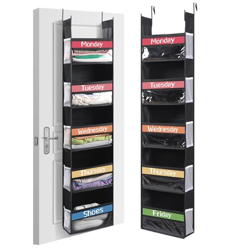 Image of Yoojahow 2 Pack 5 Shelf Weekly Clothes Organizer for Kids Over the Door Hanging Storage Monday through Friday Heavy Duty Clothes Organization for Bathroom Nursery Bathroom Kitchen(Black)
