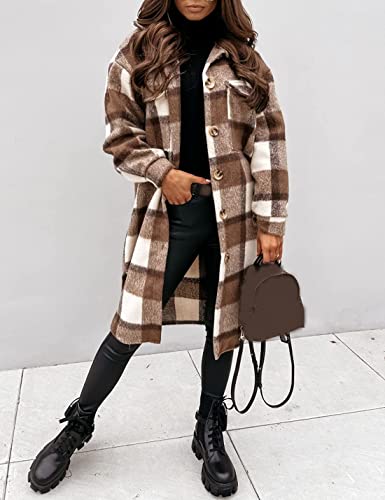 Esmeling Womens Plaid Shacket Brushed Flannel Shirt Jacket Mid Long Wool Blend Tartan Coat3