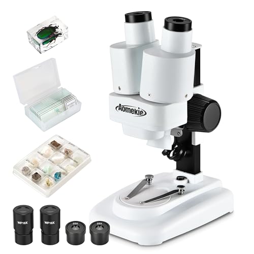 Aomekie Microscopio Estéreo 20X & 50X, Binocular de Aumento con Rodajas de Vidrio y Muestras de Minerales, para Estudiantes y Adultos