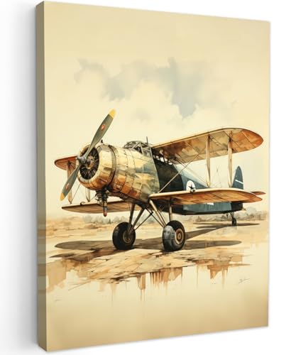 MuchoWow© Impression sur Toile Peinture 30x40 cm Tableau Mural Decoration Salon Reproductions de Tableaux Murale Moderne Vintage - Avion - Eau - Beige -...