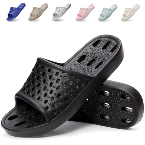 Xomiboe Shower Shoes Men Bathroom Slippers Non Slip Shower Sandals Slides Flip Flops Women House Quick Drying Rubber Plastic Bath Pool Travel Hotel Anti (Black,EU42-43)