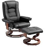 AVAWING Recliner with Ottoman, Wood Base & Adjustable Back, Faux Leather Swivel Reclining Chair with Footrest for Living Room and Bedroom, Black