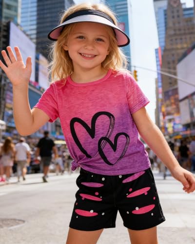 Image of Kids Girl Clothes Tie Dye Heart Print Short Sleeve Top and Shorts Toddler Girl Summer Outfits Short Set
