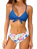 CUPSHE Damen Bikini Set V Ausschnitt Knoten vorne Bikini Low Waist Crossback Bademode Zweiteiliger Badeanzug Swimsuit Blau/Rosa Blumenmuster M
