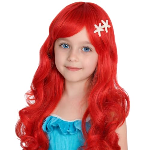 Topcosplay Kids Girls Wig and Starfish Hair Clip Red Long Wavy Princess Wig Halloween Costume Party Wigs