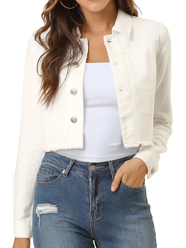 Allegra K Women's Denim Jacket Trendy 2025 Lapel Long Sleeve Button Up Fall Cropped Jean Jackets Small White