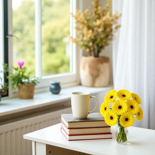 Image of Garden Art Artificial 5 Pcs Gerbera Flower Sticks, 33 cm, RealTouch Natural Looking | Silicone Decorative Bunch for Home GAAGFB-1H-33Y (Yellow)