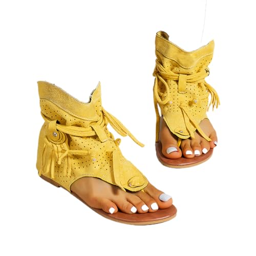 Minetom Sandales Femmes Plates Chaussures Été Plats Claquettes Bout Ouvert Plage Roman Lacets Franges Bohême Sandales A Jaune 40 EU