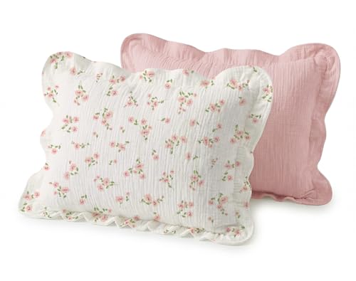 Image of Muslin Ruffled Toddler Pillowcases 13 inchx18 inch 2 Pack, Soft, Breathable Muslin Cotton Travel Pillow Covers with Envelope Closure for Baby Boys, Girls & Kids (Rosy-Ruffled, 13 x 18 Inch)