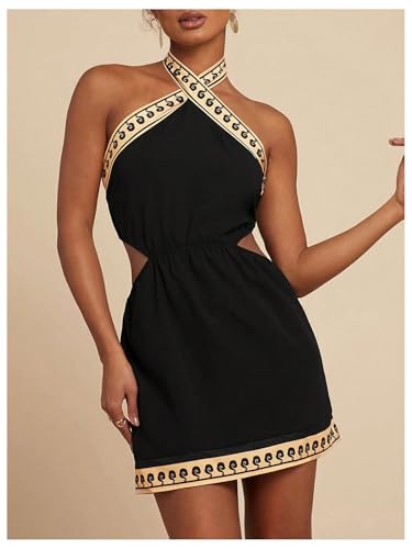 Image of MakeMeChic Women's Boho Mini Dress Summer Beach Vacation Halter Dresses Floral Sundress