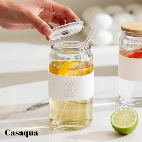 Image of Glass Can Tumbler with Lid & Straw - 500ml, Set of 1, Iced Coffee Cup, Reusable Drinking Glass with Sleeve, Leakproof Lid, Clear Glass Tumbler for Coffee, Tea, Juice, Smoothies & Boba