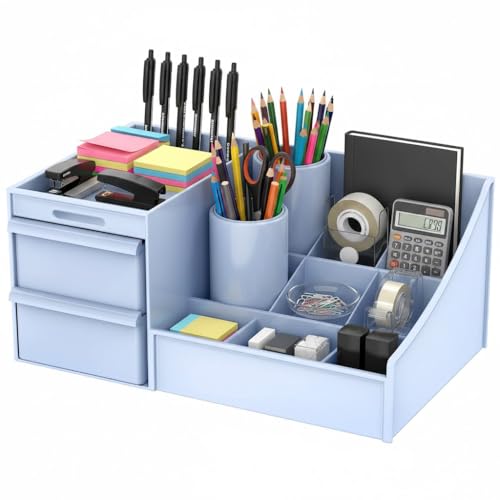 Image of ROKTRY Multi-Functional Desk Organizer for Office & Home - All-in-One Stationery Stand with 2 Drawers, Pen Holders,Premium Space-Saving Desktop Storage Box for Students,Gifting (Sky Blue)