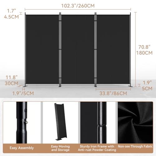 Image of C-Hopetree 3 Panels Room Divider, 6 Ft Tall Indoor Folding Privacy Screen, Portable Partition Separator, Freestanding Separation Temporary Wall for Office, Bedroom, 102 inch W X 71 inch H, Black