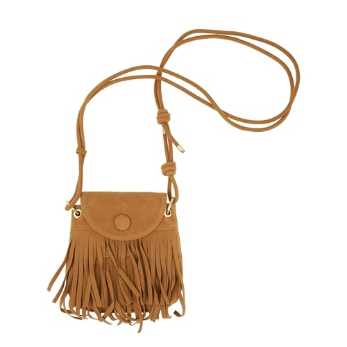 WANSHI Damen Handtasche mit Fransen, Kleine Umhängetasche im Boho-Stil, Cognacbraun, Vintage Schultertasche