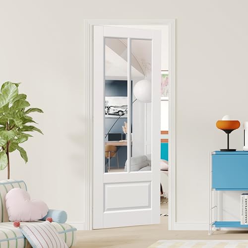 Image of Pantry Door, 30 inchx 80 inch, 2-Panel Mirror Interior Door, French Doors for Wardrobe & Bedroom, Single Pantry Door Slab, MDF, White Primed