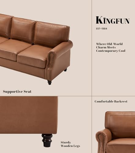 Image of Kingfun 3 Seater Sofa, Mid-Century Modern Faux Leather Couch Set for Living Room, Brown with Rolled Arms & Nailhead Trim, Easy Assembly