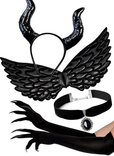 OLYPHAN Black Devil Costume for Women Demon Accessories for Mardi Gras Halloween Cosplay Devil Horns Headband, Goth Vampire Choker Necklace, Wings & Claw Gloves Gothic 4 Pk Costumes Set