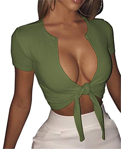 SINRGAN Women s Sexy Tie Up Crop Top Short Sleeve Deep V Neck Casual Basic T Shirt ArmyGreen