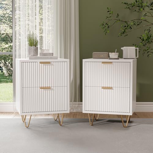 Mesita de noche lote de 2, mesitas de noche blancas con 2 cajones, mueble de almacenamiento para dormitorio, mesitas de noche con tiradores y patas doradas, mesa auxiliar para dormitorio (2 cajones