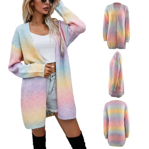 Jamron Damen Moda Tie-Dye Regenbogen Lange Strickjacke Leichtgewicht Cardigan Strickmantel SN602C226 Rosa M