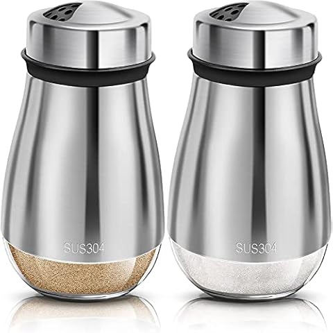 2 Pack Salt and Pepper Shakers Set,Salt Shaker with Adjustable Pour Holes ,304 Stainless Steel & Glass Salt Pepper Shakers,Refillable Spice Dispenser, for Pepper Salts Seasoning Cover
