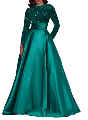 Long Sleeve Sequin Prom Dress for Women Sparkly A Line Formal Party Dresses Satin Evening Gowns LL-M009