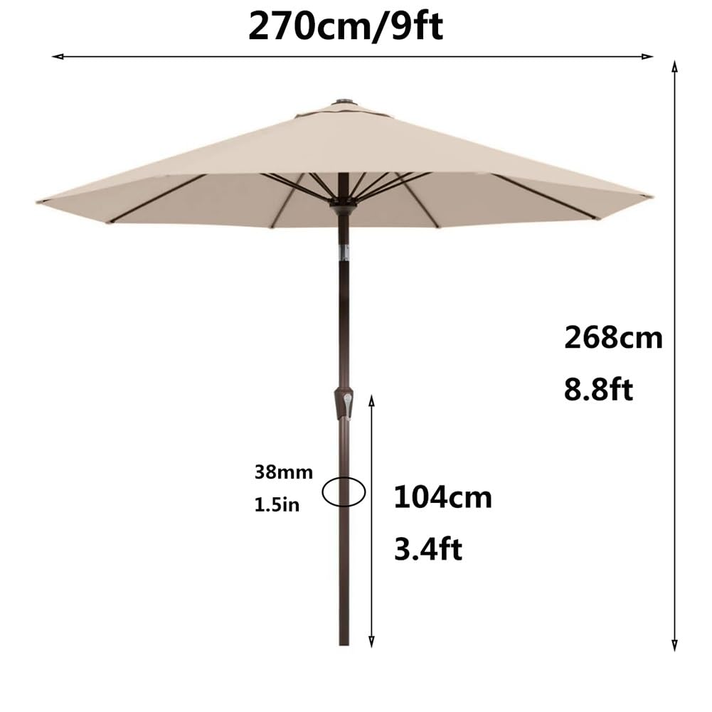 Parasol Przeciwsłoneczny 270 cm z Korbką, Parasol Ogrodowy z Regulacją Nachylenia i 8 Żebrami z Włókna Szklanego do Ogrodu, na Balkon i Przy Basen