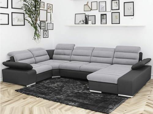 Tendencio Canapé d'angle panoramique Convertible KORUS avec lit et Coffre. Têtières réglables (Gris et Noir)